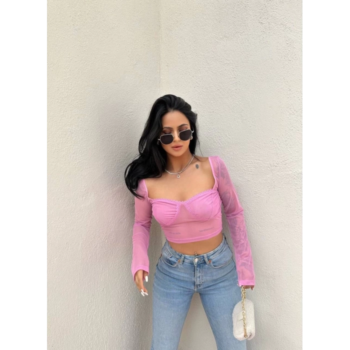 Pembe Güpürlü Tül Crop