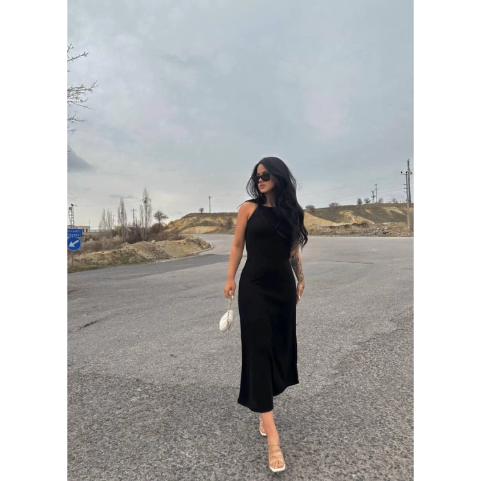 Siyah Askılı Str Long Elbise