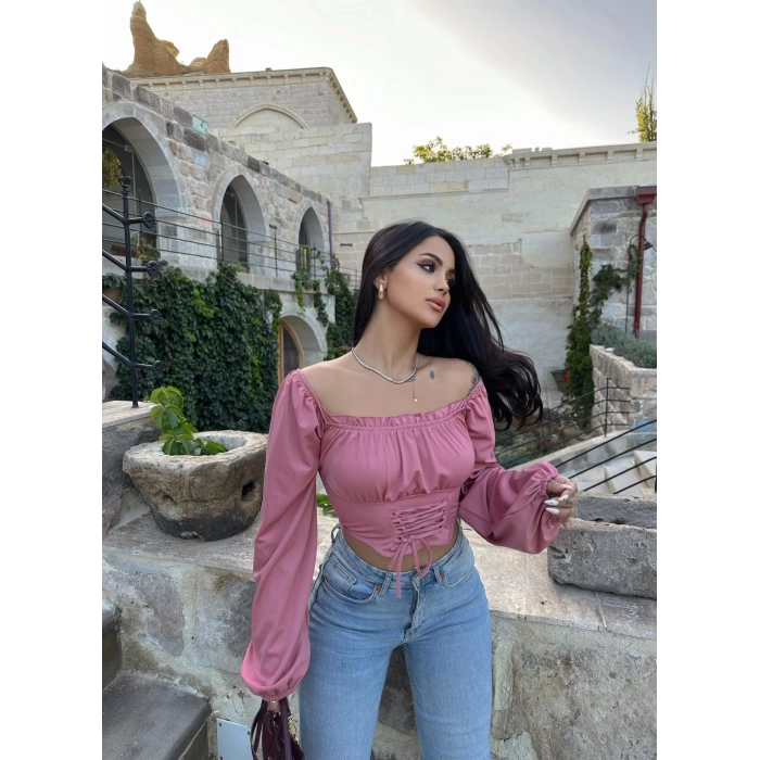 Pembe Bel Bağcıklı Dalgıç Bluz