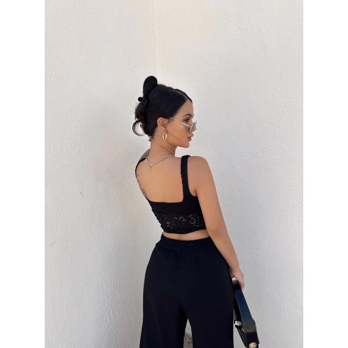 Siyah Güpürlü Korse Crop