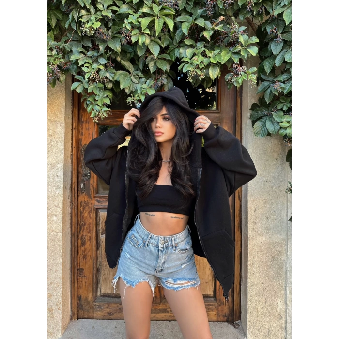Siyah İçi Şardonlu Üç İplik Fermuarlı Sweat