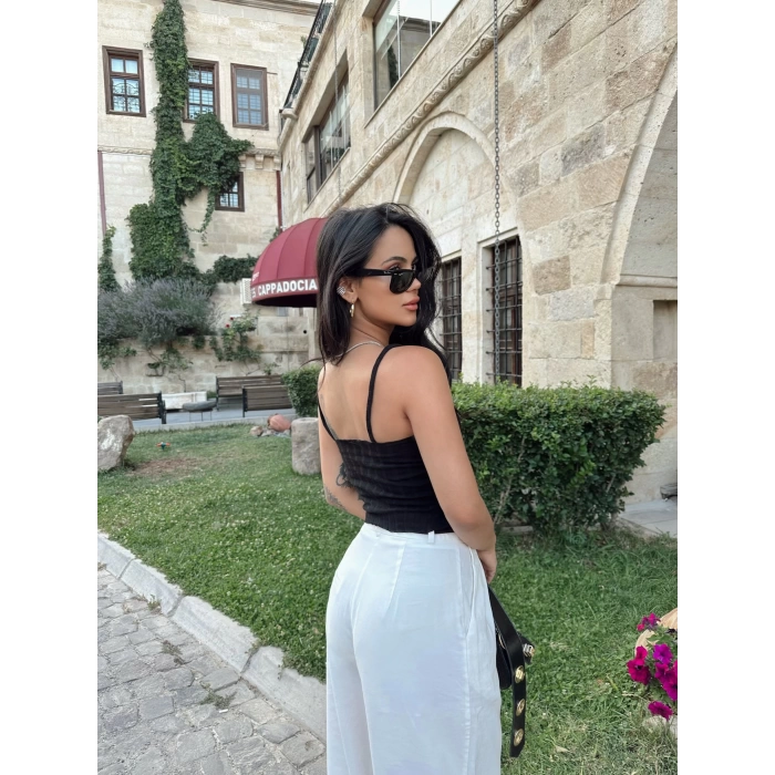 Siyah İp Askılı Fitilli Crop