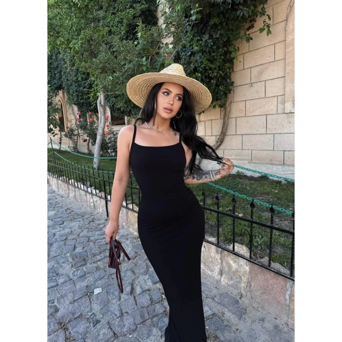 Siyah İp Askılı Uzun Sandy Elbise