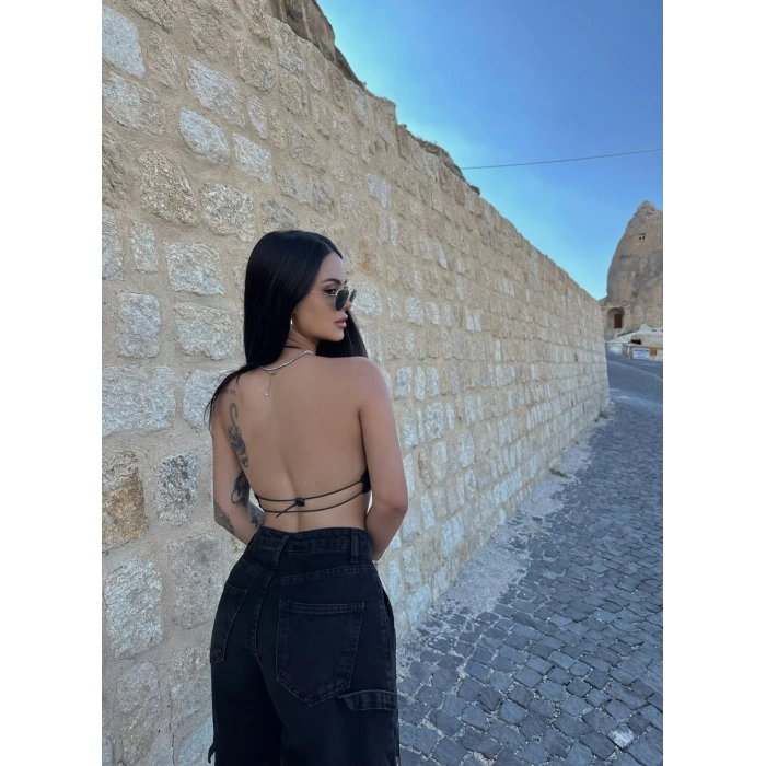 Siyah İp Bağlamalı Paraşüt Crop