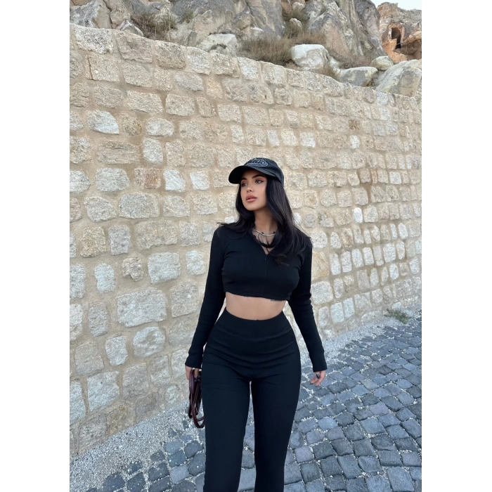 Siyah Kaşkorse Tayt Crop İkili Takım