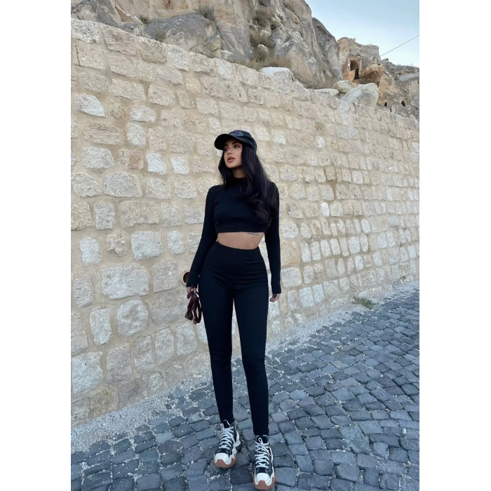 Siyah Kaşkorse Tayt Crop İkili Takım