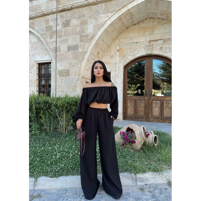 Siyah Madonna Yaka Keten İkili Takım