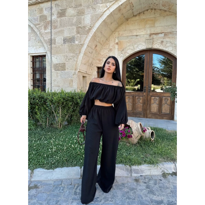 Siyah Madonna Yaka Keten İkili Takım
