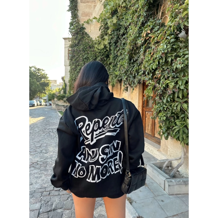 Siyah No More İçi Şardonlu Kapüşonlu Sweat