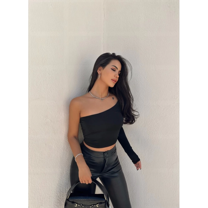 Siyah Tek Omuz Dalgıç Crop