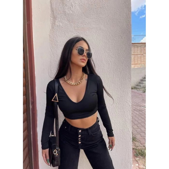Siyah V Yaka Dalgıç Crop