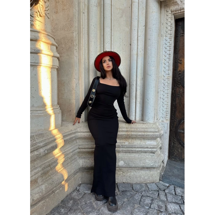 Uzun Kare Yaka Kaşkorse Elbise