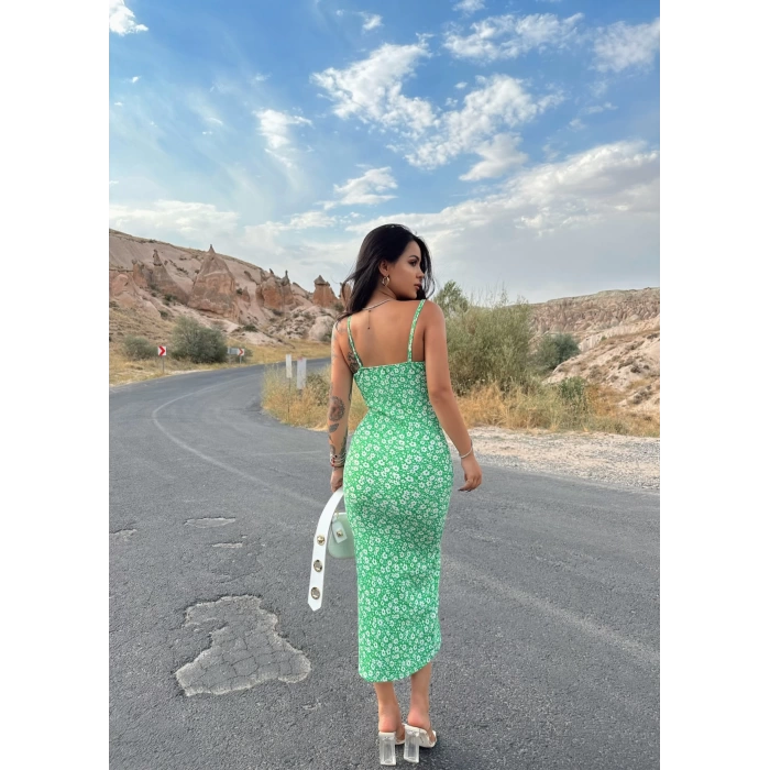 Yeşil Yaka Bağlamalı Flowers Bürümcük Elbise