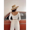 Beyaz Kare Yaka Sırt Açık Dalgıç Crop