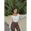 Beyaz Kolu Tül Düğmeli Crop