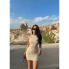 Bej Halter Yaka Kaşkorse Basic Elbise