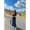 Lacivert Saten Etek Büstiyer İkili Takım