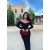 Siyah Kruvaze Yaka Madonna Uzun Elbise