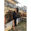Siyah Sırt Açık Çift Kat Yırtmaçlı Elbise