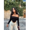 Siyah Sırt Fermuarlı Ön Şeritli Crop