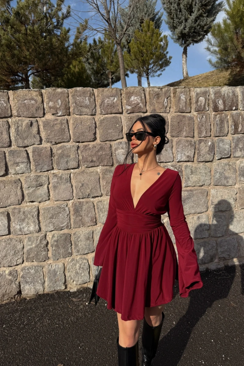 Bordo Şortlu Ön Arka V Elbise