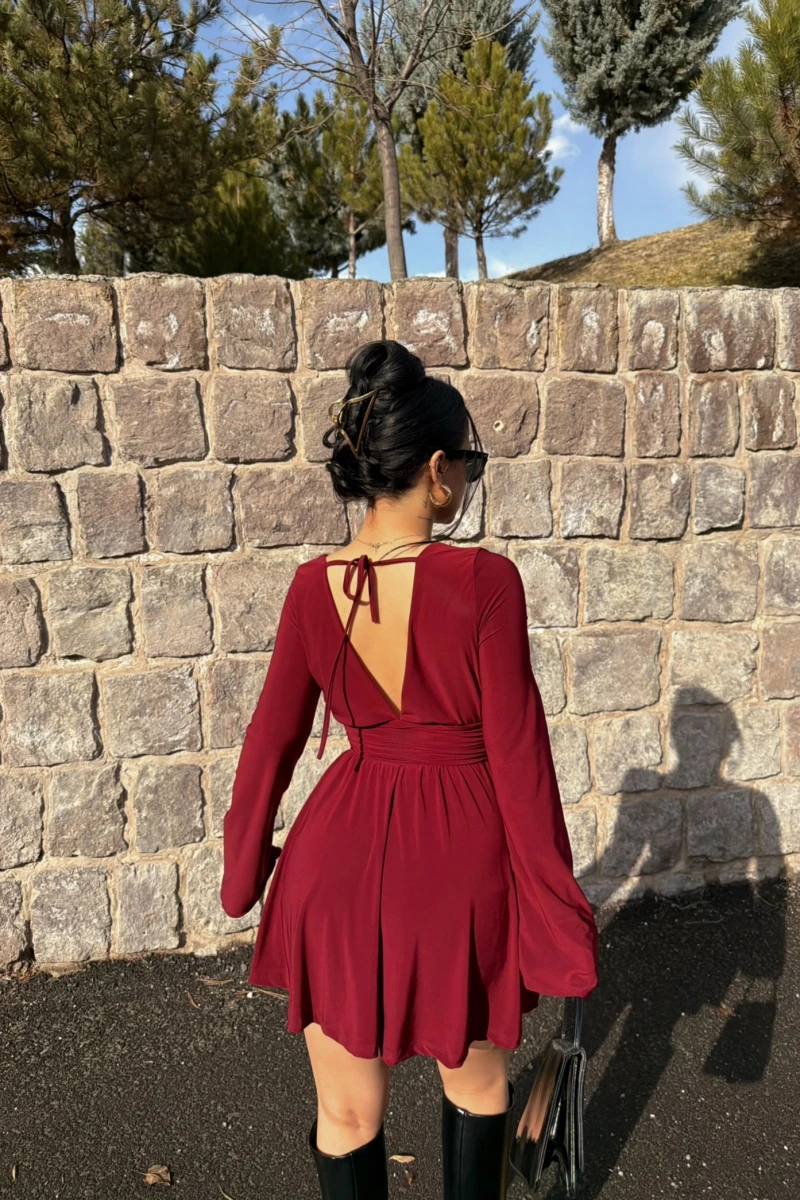 Bordo Şortlu Ön Arka V Elbise