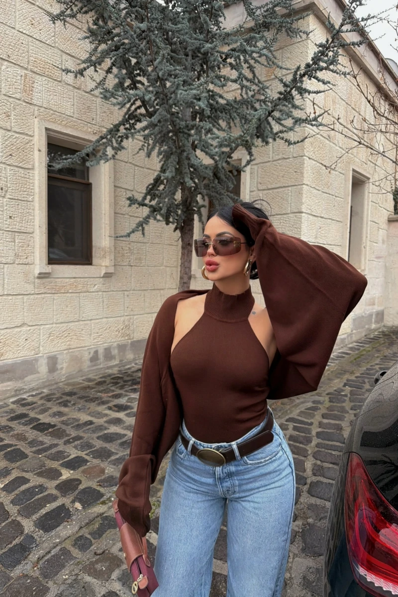 Kahve Bolerolu Triko İkili Takım