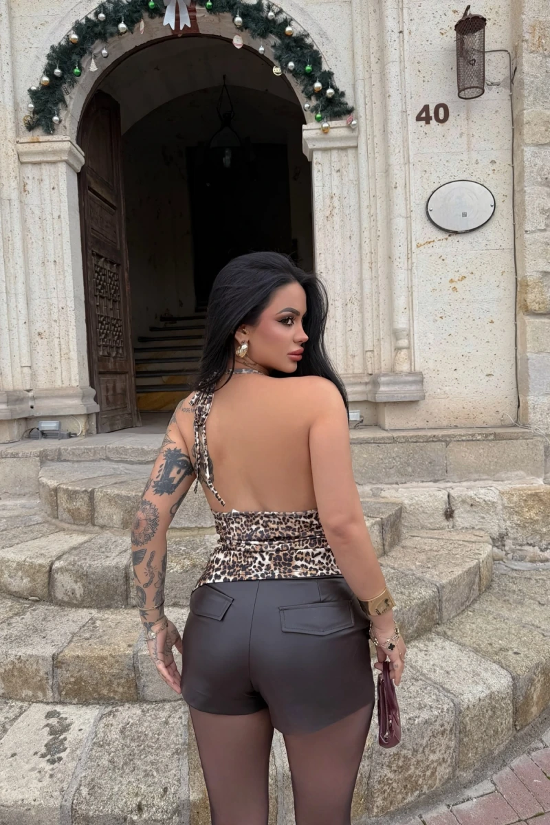 Leopar Boyundan Bağlamalı Degaje Bluz