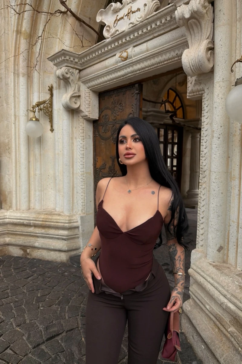 Kahve İp Askılı Basic Bodysuit