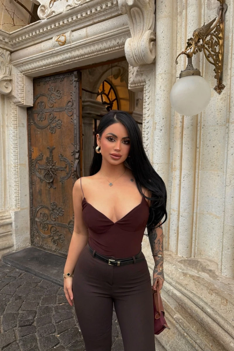 Kahve İp Askılı Basic Bodysuit
