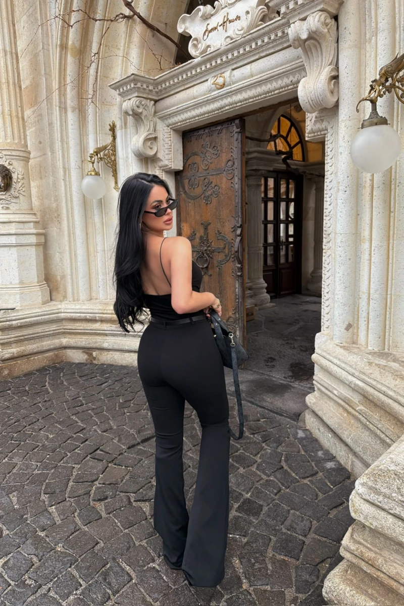Siyah İnce Kemerli İspanyol Pantolon