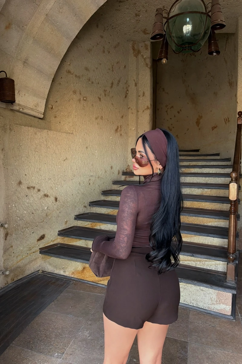 Kahve Yüksek Bel Zarf Şort Etek