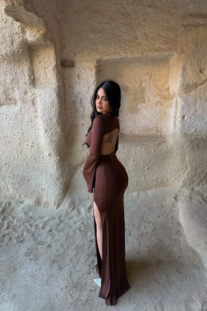 Kahve Kolları Volanlı Maxi Elbise