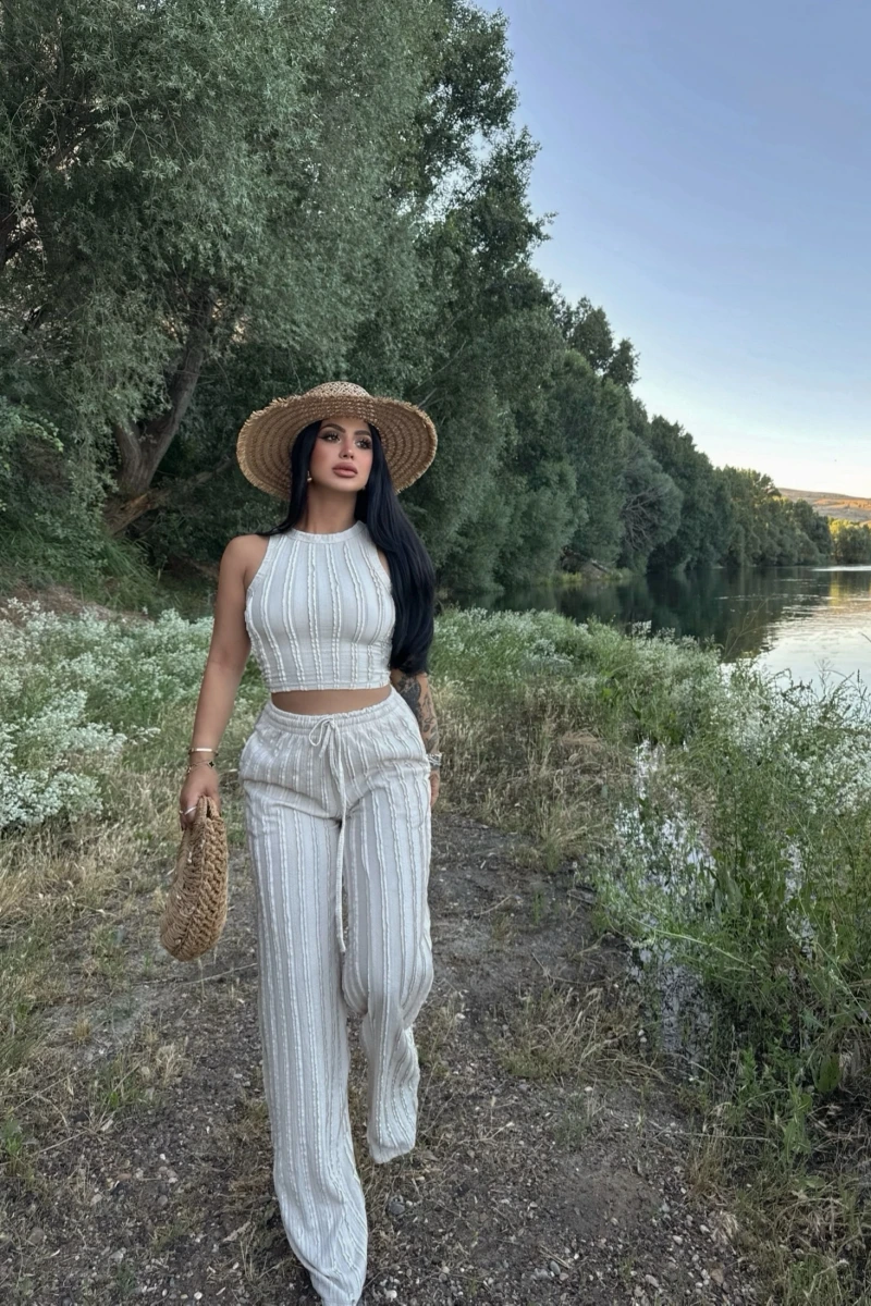 Bej Halter Ters Dikişli İkili Takım