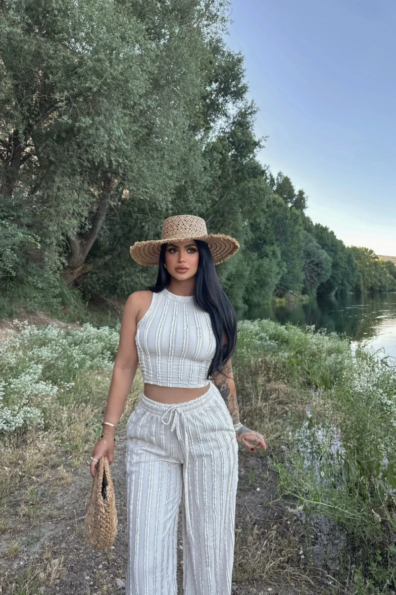 Bej Halter Ters Dikişli İkili Takım