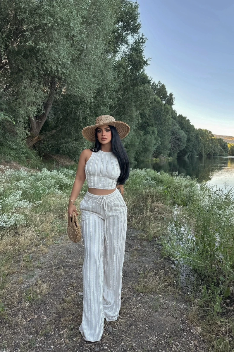 Bej Halter Ters Dikişli İkili Takım