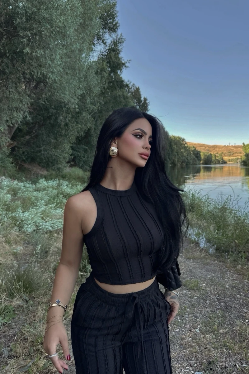 Siyah Halter Ters Dikişli İkili Takım