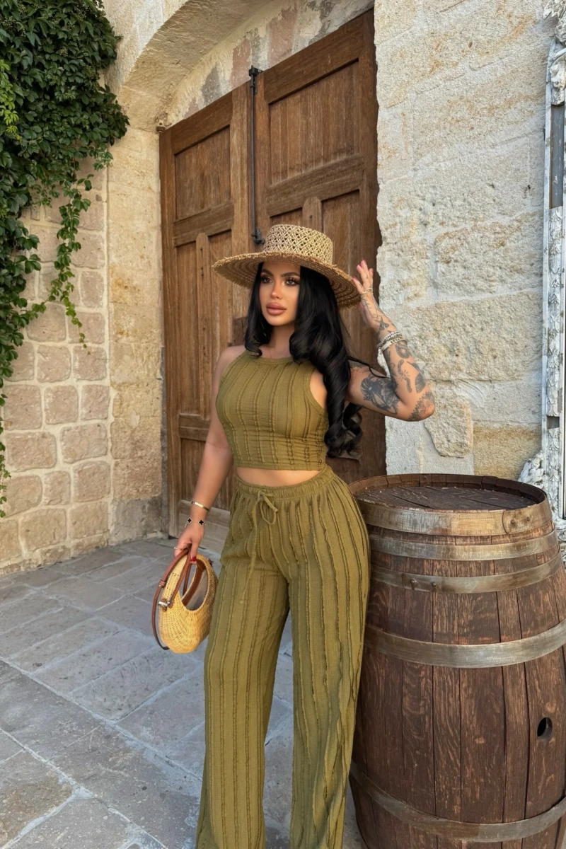 Yağ Yeşili Halter Ters Dikişli İkili Takım