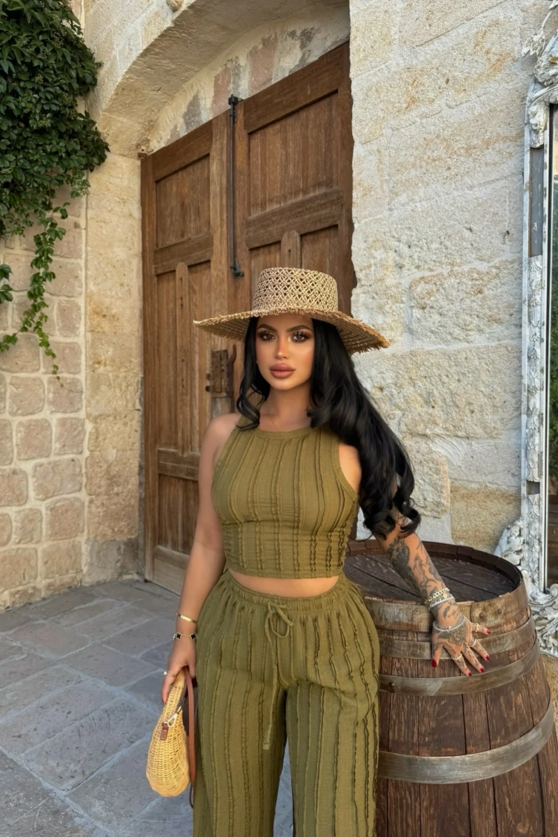 Yağ Yeşili Halter Ters Dikişli İkili Takım