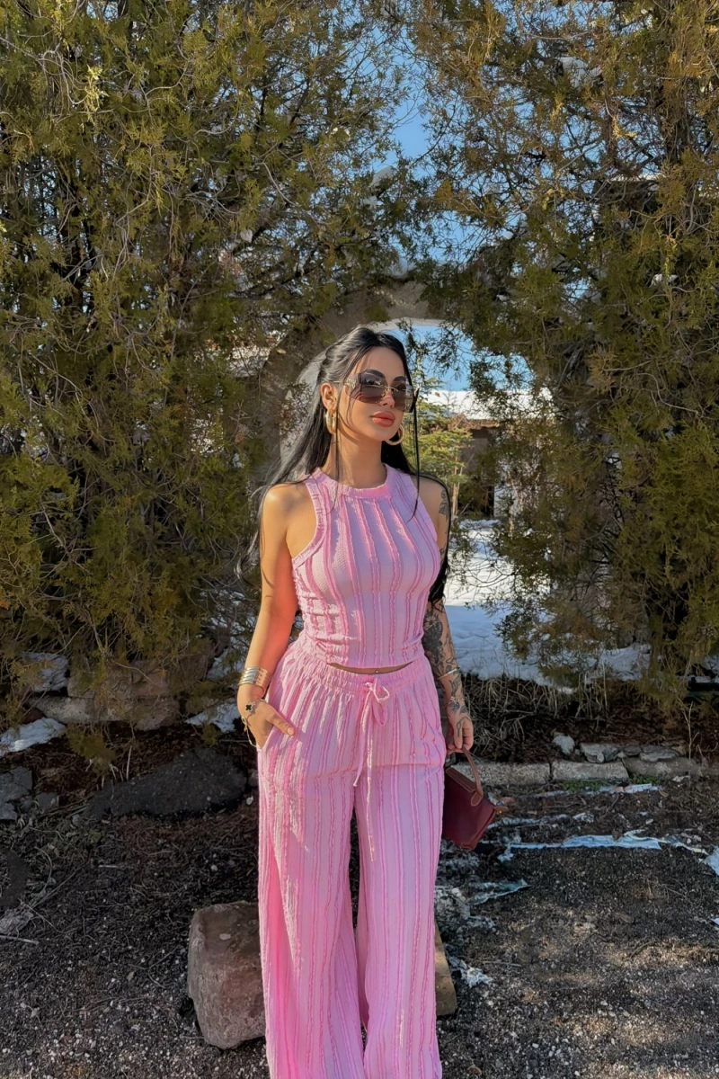 Pembe Halter Ters Dikişli İkili Takım