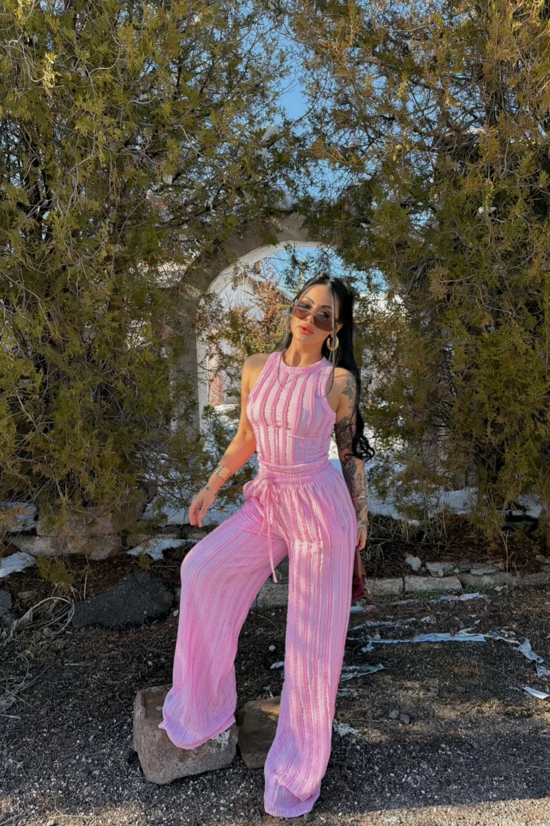 Pembe Halter Ters Dikişli İkili Takım