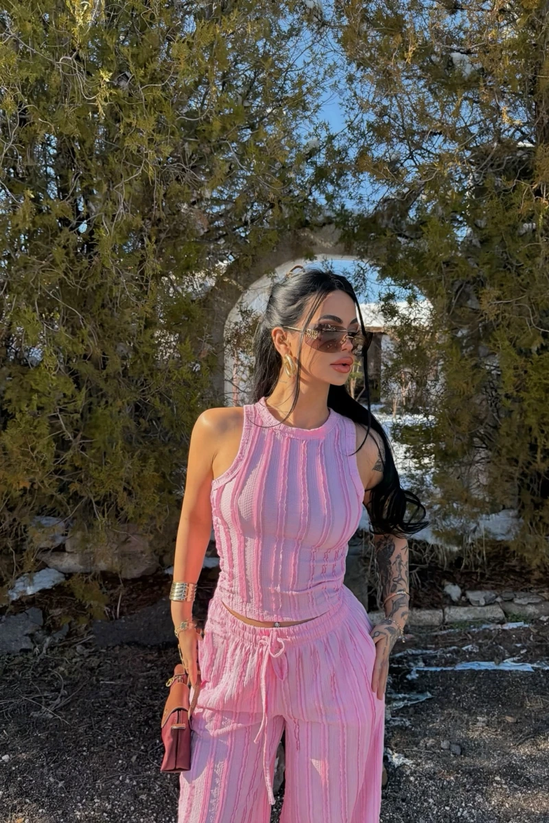 Pembe Halter Ters Dikişli İkili Takım