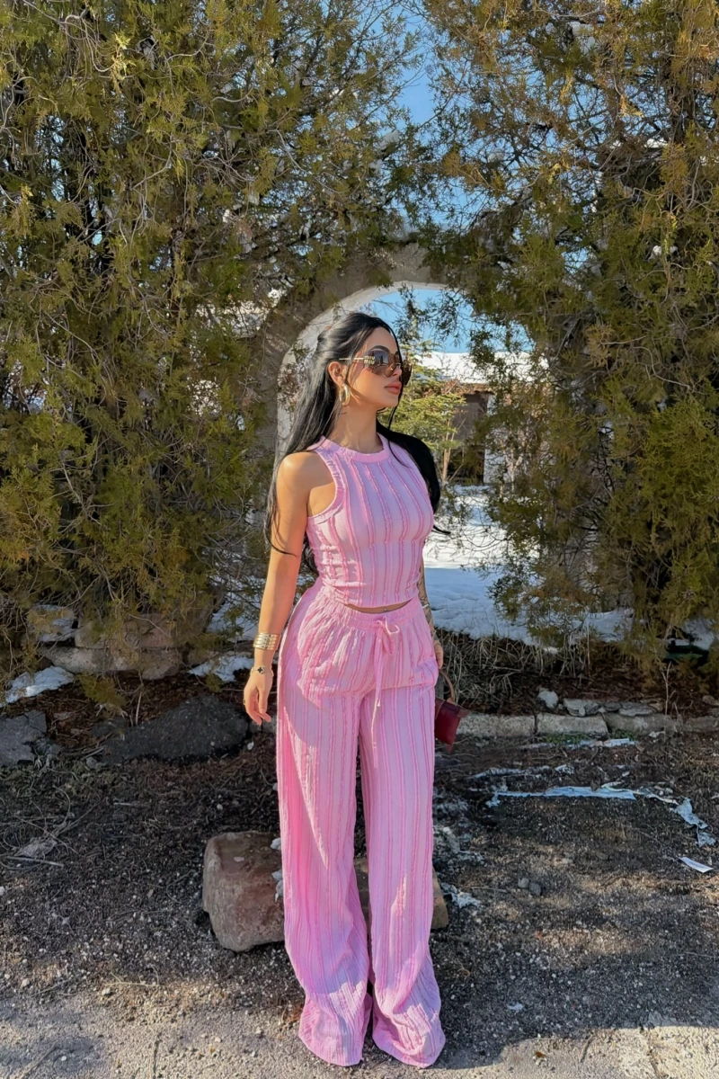 Pembe Halter Ters Dikişli İkili Takım