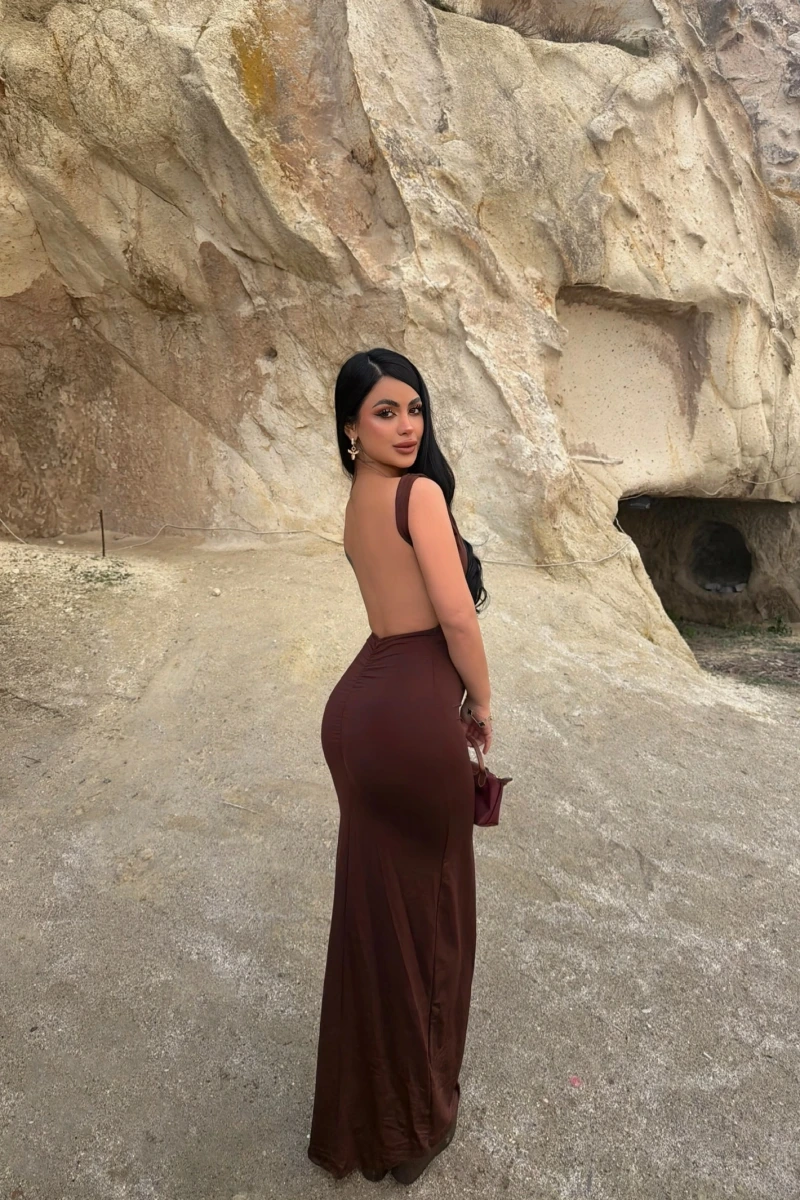 Kahve Sırt Açık Long Elbise