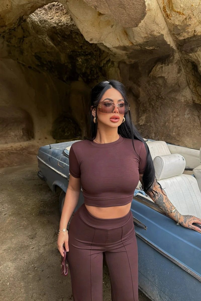 Kahve Şeritli Modal İkili Takım