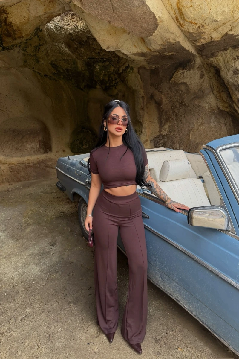 Kahve Şeritli Modal İkili Takım