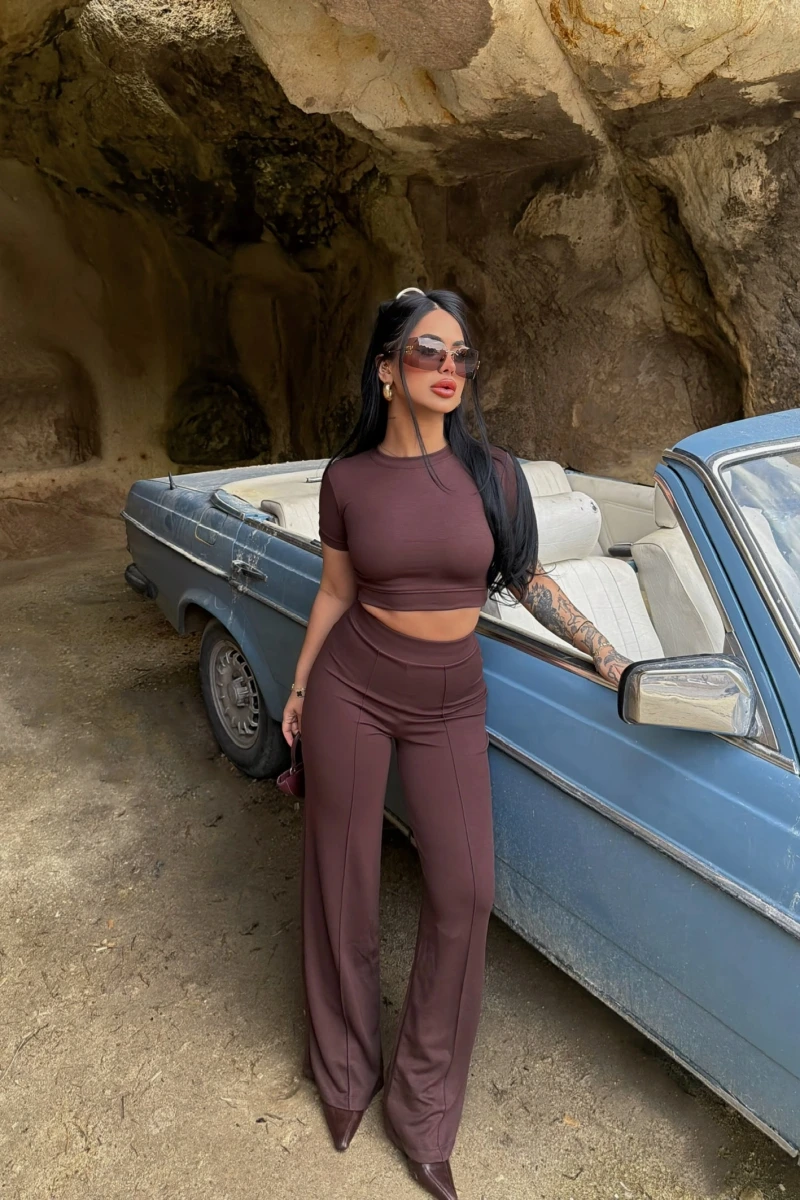 Kahve Şeritli Modal İkili Takım