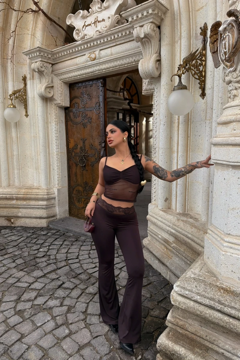 Kahve Güpür Detaylı Tayt İkili Takım