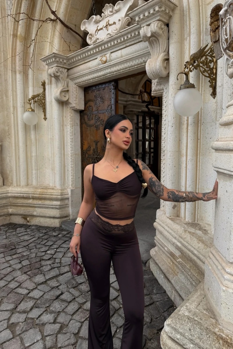 Kahve Güpür Detaylı Tayt İkili Takım