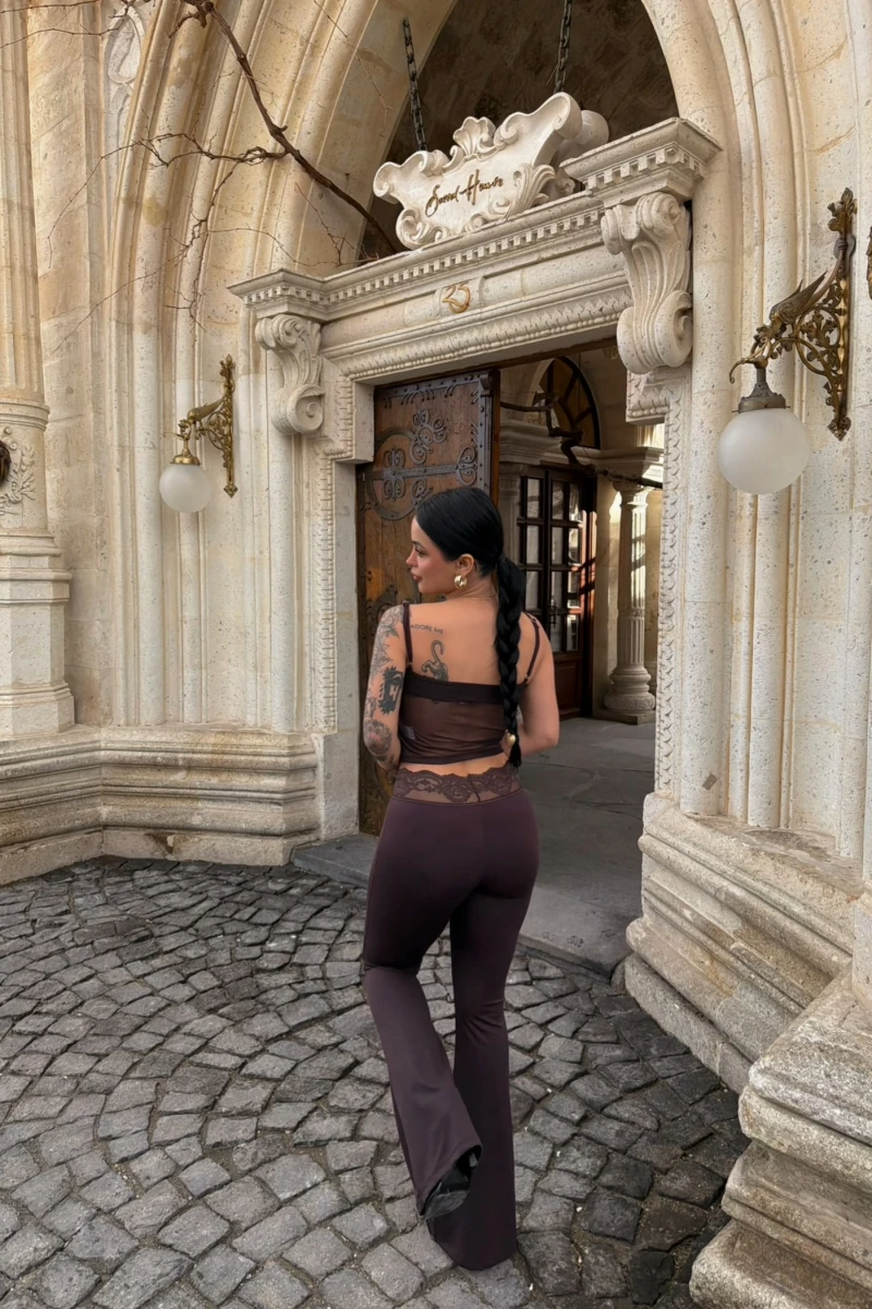 Kahve Güpür Detaylı Tayt İkili Takım